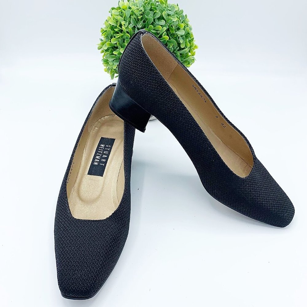 STUART WEITZMAN VERY NARROW TEXTURED MATERIAL LEATHER BLOCK HEEL PUMPS - 8AA
